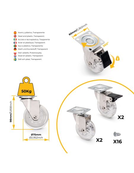 Emuca Lotto di 4 ruote Slip trasparenti con piastra di montaggio, diametro 75 mm, Acciaio e Tecnoplastica