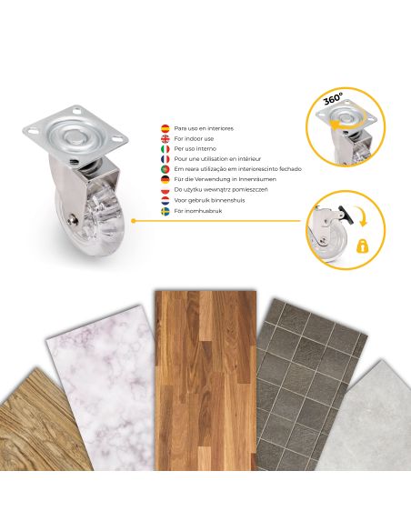 Emuca Lotto di 4 ruote Slip trasparenti con piastra di montaggio, diametro 75 mm, Acciaio e Tecnoplastica