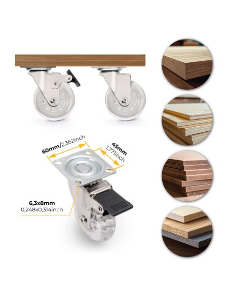 Emuca Lotto di 4 ruote Slip trasparenti con piastra di montaggio, diametro 75 mm, Acciaio e Tecnoplastica
