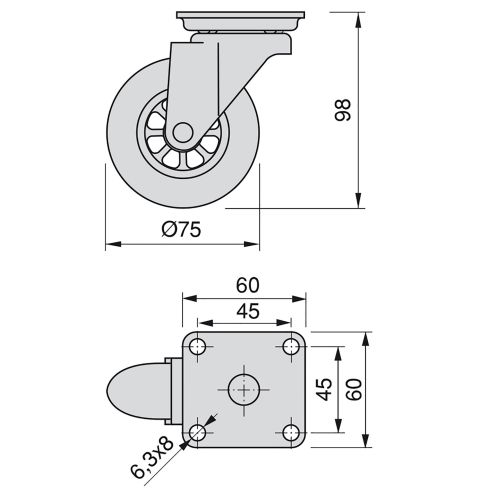 Emuca Lotto di 4 ruote Slip trasparenti con piastra di montaggio, diametro 75 mm, Acciaio e Tecnoplastica