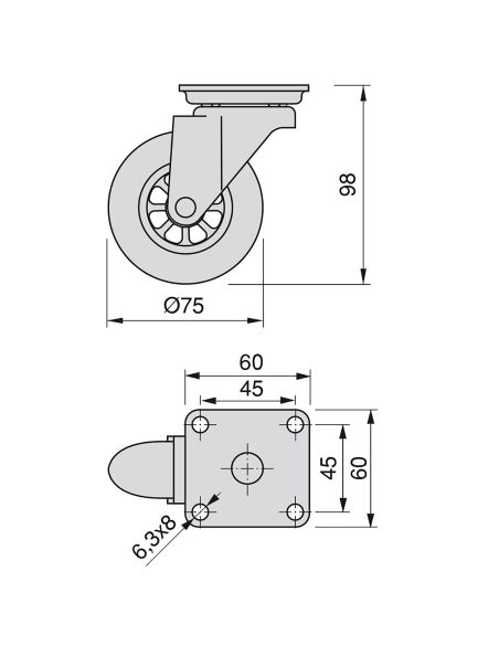 Emuca Lotto di 4 ruote Slip trasparenti con piastra di montaggio, diametro 75 mm, Acciaio e Tecnoplastica