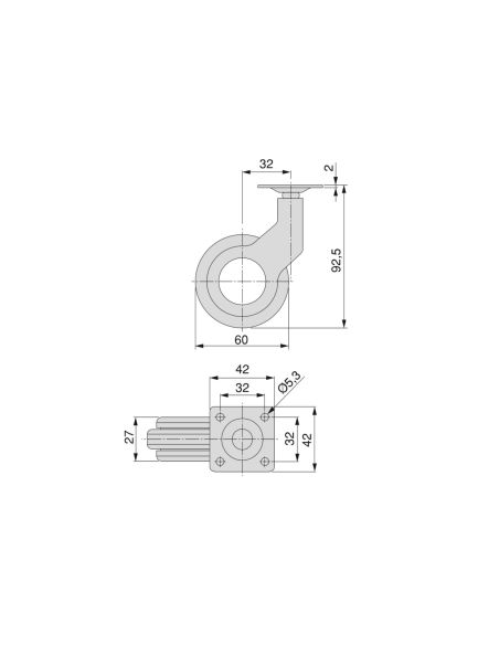 Emuca Lotto di 4 ruote Hole 2 con piastra di montaggio, diametro 60 mm, Acciaio e plastica, Tecnoplastica grigio