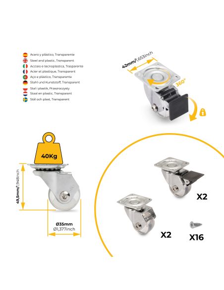 Emuca Lotto di 4 ruote Slip 3 trasparenti con piastra di montaggio, diametro 35 mm, Acciaio e Tecnoplastica