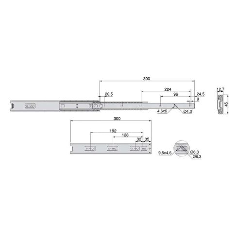 Emuca Lotto di 5 set guide per cassetti, a sfera, altezza 45 mm, profondità 300 mm, estrazione totale, zincate