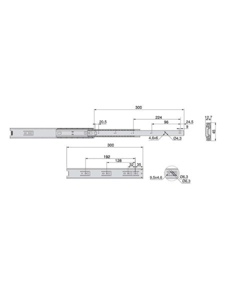 Emuca Lotto di 5 set guide per cassetti, a sfera, altezza 45 mm, profondità 300 mm, estrazione totale, zincate