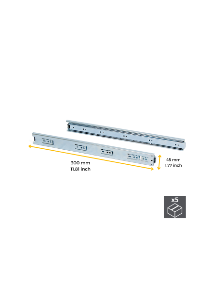 Emuca Lotto di 5 set guide per cassetti, a sfera, altezza 45 mm, profondità 300 mm, estrazione totale, zincate