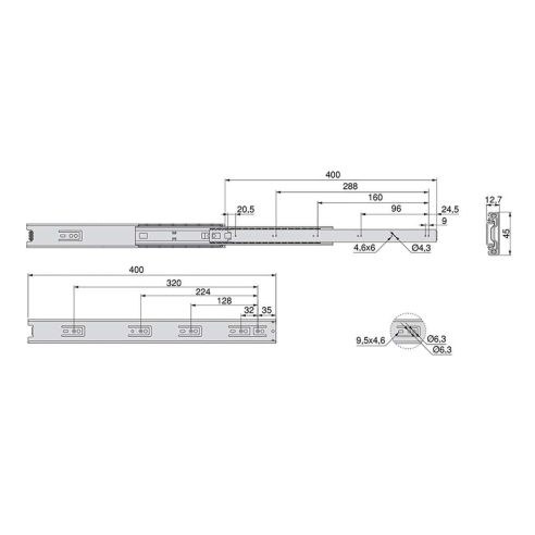 Emuca Lotto di 5 set guide per cassetti, a sfera, altezza 45 mm, profondità 400 mm, estrazione totale, Zincato bianco