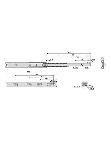 Emuca Lotto di 5 set guide per cassetti, a sfera, altezza 45 mm, profondità 400 mm, estrazione totale, Zincato bianco
