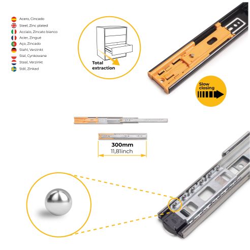 Emuca Kit guide per cassetti, a sfera, 45 x 300 mm, estrazione totale, chiusura soft, Zincato, 5 u.