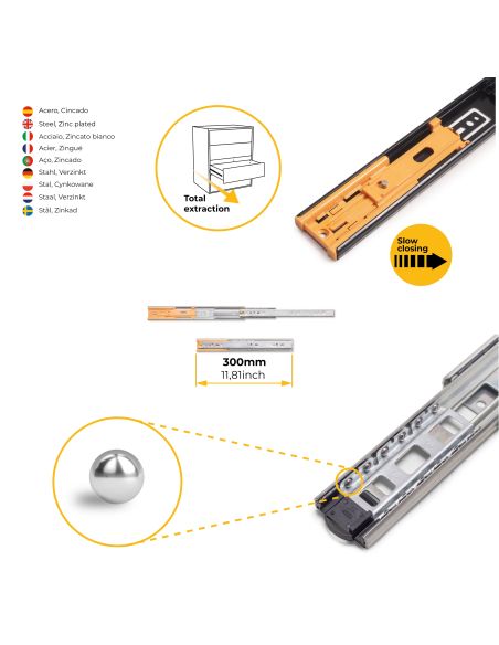 Emuca Kit guide per cassetti, a sfera, 45 x 300 mm, estrazione totale, chiusura soft, Zincato, 5 u.