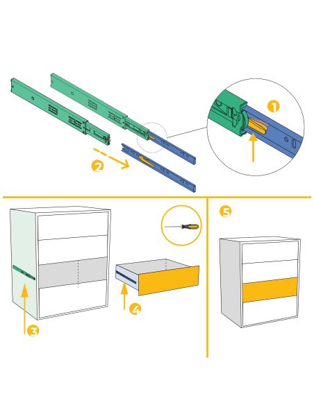 Emuca Kit guide per cassetti, a sfera, 45 x 300 mm, estrazione totale, chiusura soft, Zincato, 5 u.