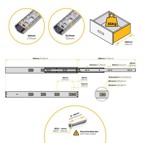 Emuca Kit guide per cassetti, a sfera, 45 x 300 mm, estrazione totale, chiusura soft, Zincato, 5 u.