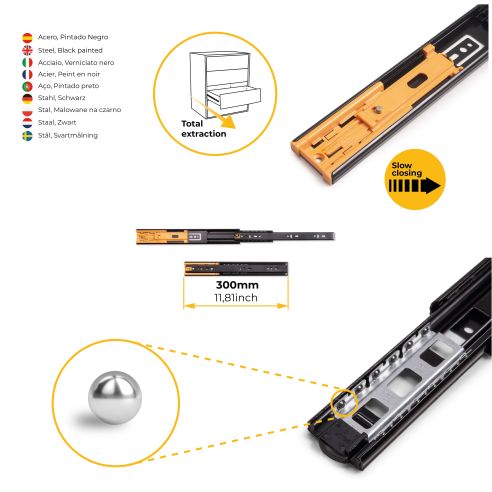 Emuca Lotto di 5 set guide per cassetti, a sfera, altezza 45 mm, profondità 300 mm, estrazione totale, chiusura soft, Nera