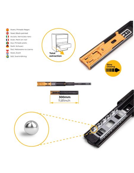 Emuca Lotto di 5 set guide per cassetti, a sfera, altezza 45 mm, profondità 300 mm, estrazione totale, chiusura soft, Nera