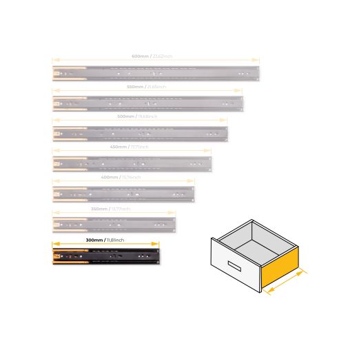 Emuca Lotto di 5 set guide per cassetti, a sfera, altezza 45 mm, profondità 300 mm, estrazione totale, chiusura soft, Nera