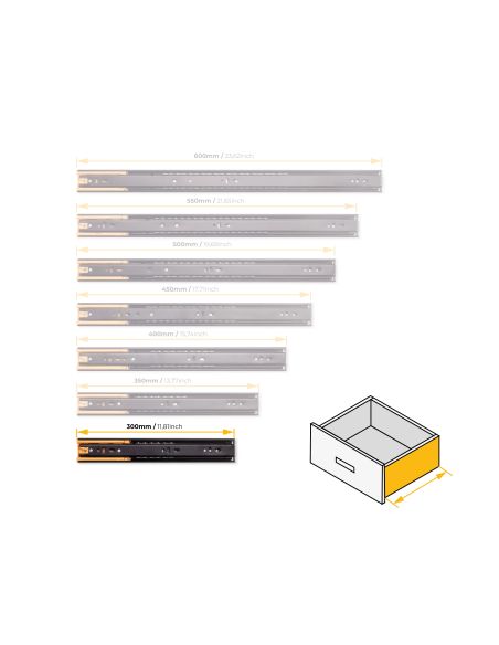 Emuca Lotto di 5 set guide per cassetti, a sfera, altezza 45 mm, profondità 300 mm, estrazione totale, chiusura soft, Nera