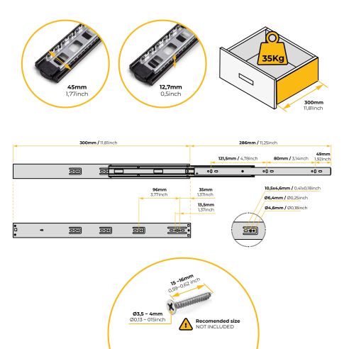 Emuca Lotto di 5 set guide per cassetti, a sfera, altezza 45 mm, profondità 300 mm, estrazione totale, chiusura soft, Nera
