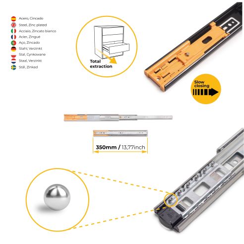 Emuca Kit guide per cassetti, a sfera, 45 x 350 mm, estrazione totale, chiusura soft, Zincato, 5 u.