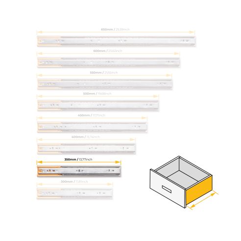Emuca Kit guide per cassetti, a sfera, 45 x 350 mm, estrazione totale, chiusura soft, Zincato, 5 u.