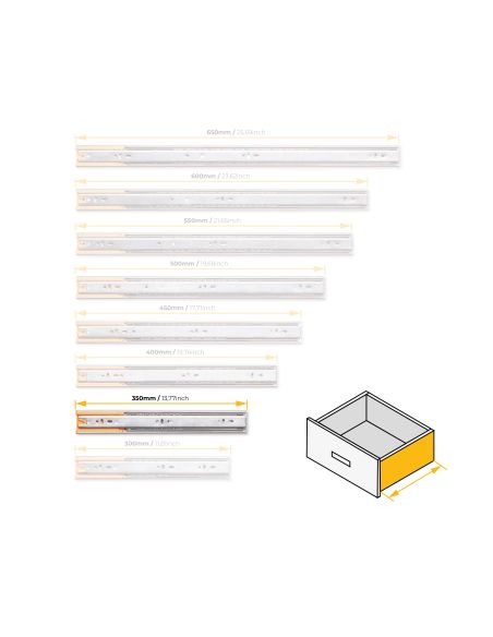 Emuca Kit guide per cassetti, a sfera, 45 x 350 mm, estrazione totale, chiusura soft, Zincato, 5 u.