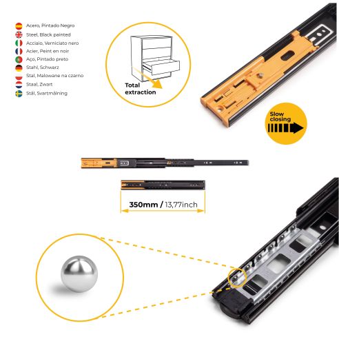 Emuca Lotto di 5 set guide per cassetti, a sfera, altezza 45 mm, profondità 350 mm, estrazione totale, chiusura soft, Nera