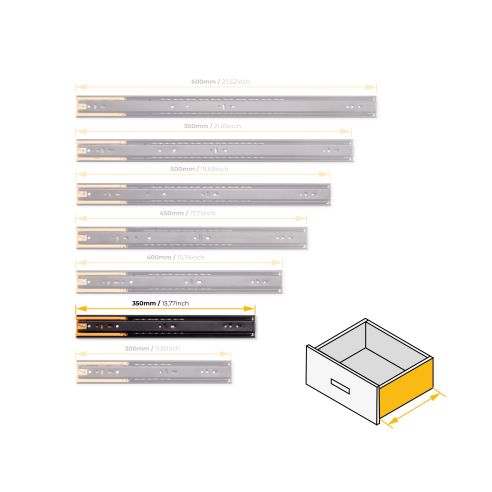 Emuca Lotto di 5 set guide per cassetti, a sfera, altezza 45 mm, profondità 350 mm, estrazione totale, chiusura soft, Nera