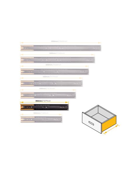 Emuca Lotto di 5 set guide per cassetti, a sfera, altezza 45 mm, profondità 350 mm, estrazione totale, chiusura soft, Nera