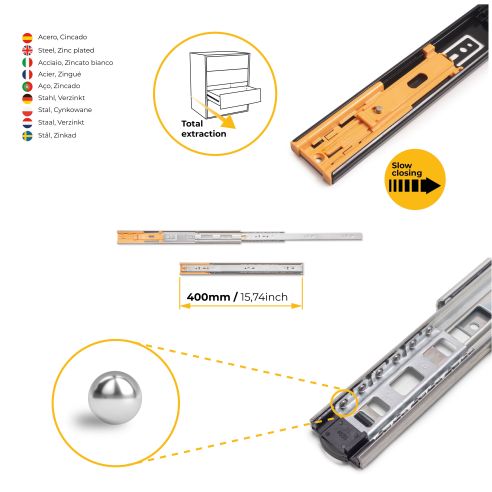 Emuca Kit guide per cassetti, a sfera, 45 x 400 mm, estrazione totale, chiusura soft, Zincato, 5 u.
