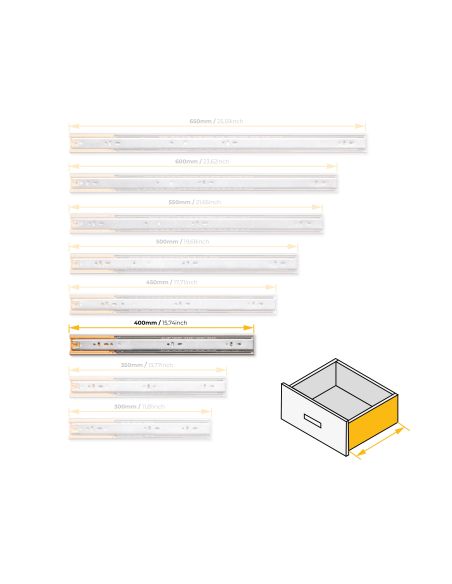 Emuca Kit guide per cassetti, a sfera, 45 x 400 mm, estrazione totale, chiusura soft, Zincato, 5 u.