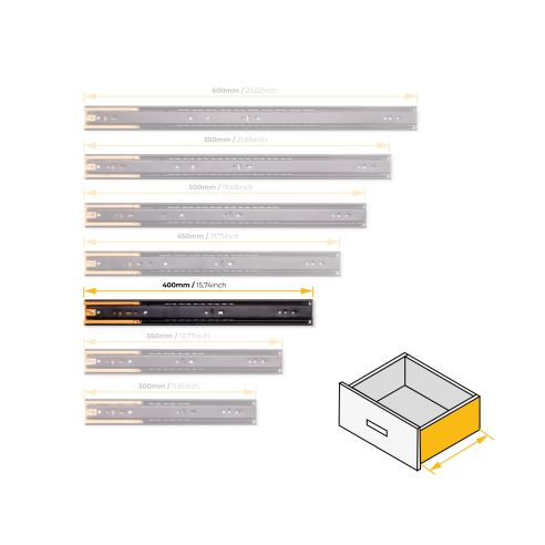 Emuca Lotto di 5 set guide per cassetti, a sfera, altezza 45 mm, profondità 400 mm, estrazione totale, chiusura soft, Nera
