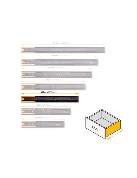 Emuca Lotto di 5 set guide per cassetti, a sfera, altezza 45 mm, profondità 400 mm, estrazione totale, chiusura soft, Nera