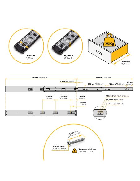 Emuca Lotto di 5 set guide per cassetti, a sfera, altezza 45 mm, profondità 400 mm, estrazione totale, chiusura soft, Nera