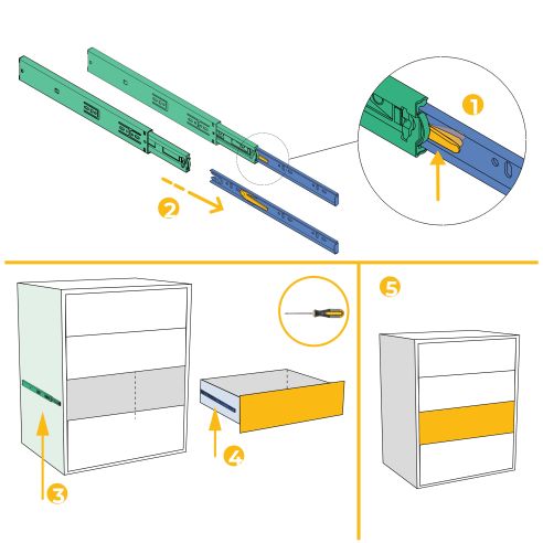 Emuca Kit guide per cassetti, a sfera, 45 x 450 mm, estrazione totale, chiusura soft, Zincato, 5 u.