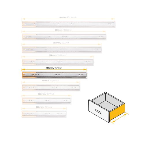 Emuca Kit guide per cassetti, a sfera, 45 x 450 mm, estrazione totale, chiusura soft, Zincato, 5 u.