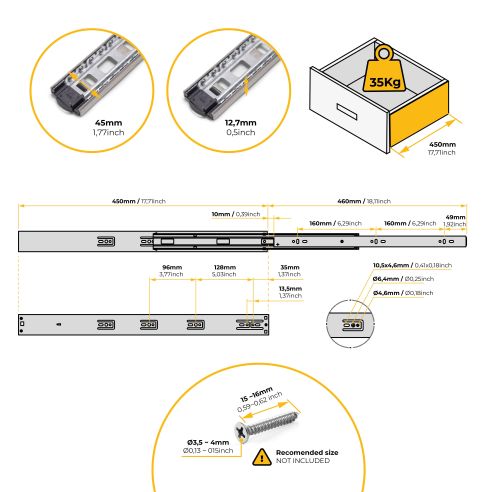 Emuca Kit guide per cassetti, a sfera, 45 x 450 mm, estrazione totale, chiusura soft, Zincato, 5 u.