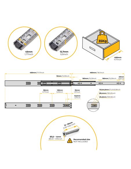 Emuca Kit guide per cassetti, a sfera, 45 x 450 mm, estrazione totale, chiusura soft, Zincato, 5 u.