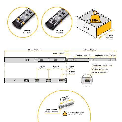 Emuca Lotto di 5 set guide per cassetti, a sfera, altezza 45 mm, profondità 450 mm, estraibili, chiusura soft, Nera
