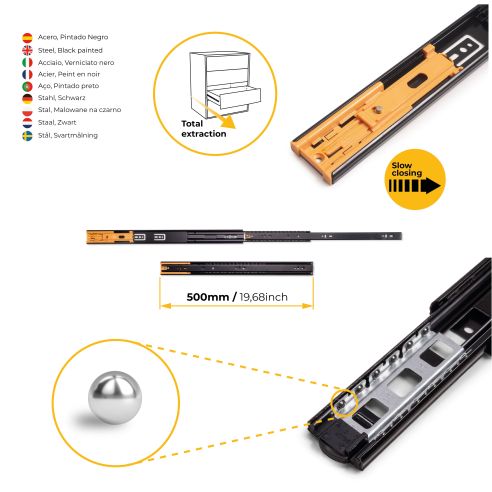 Emuca Lotto di 5 set guide per cassetti, a sfera, altezza 45 mm, profondità 500 mm, estraibili, chiusura soft, Nera