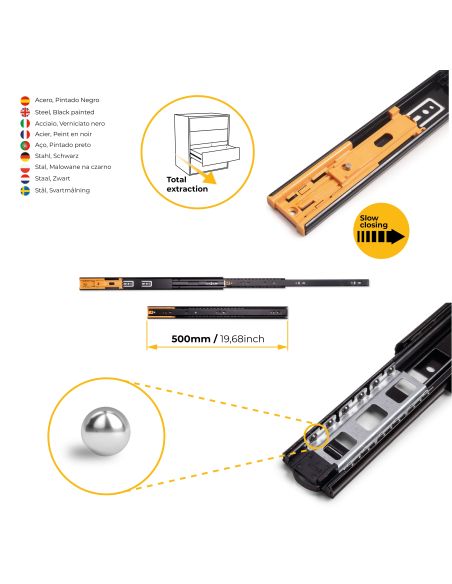 Emuca Lotto di 5 set guide per cassetti, a sfera, altezza 45 mm, profondità 500 mm, estraibili, chiusura soft, Nera