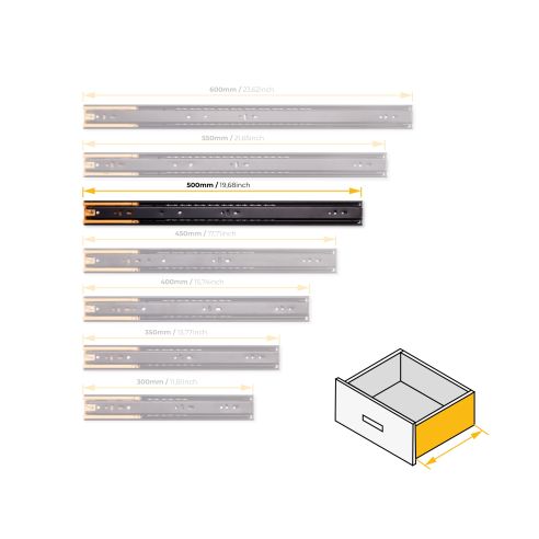 Emuca Lotto di 5 set guide per cassetti, a sfera, altezza 45 mm, profondità 500 mm, estraibili, chiusura soft, Nera