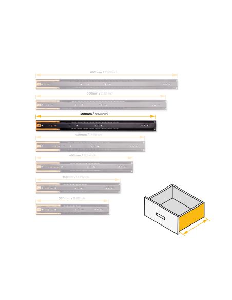 Emuca Lotto di 5 set guide per cassetti, a sfera, altezza 45 mm, profondità 500 mm, estraibili, chiusura soft, Nera