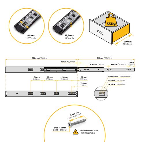 Emuca Lotto di 5 set guide per cassetti, a sfera, altezza 45 mm, profondità 500 mm, estraibili, chiusura soft, Nera