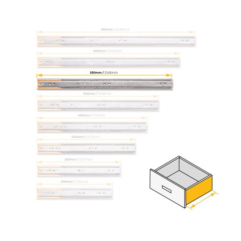 Emuca Kit guide per cassetti, a sfera, 45 x 550 mm, estrazione totale, chiusura soft, Zincato, 5 u.