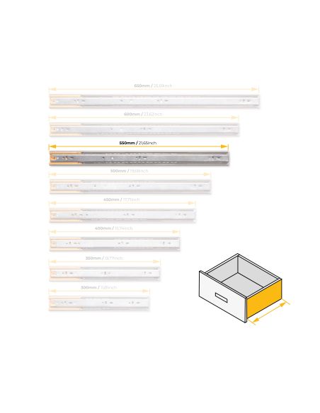 Emuca Kit guide per cassetti, a sfera, 45 x 550 mm, estrazione totale, chiusura soft, Zincato, 5 u.