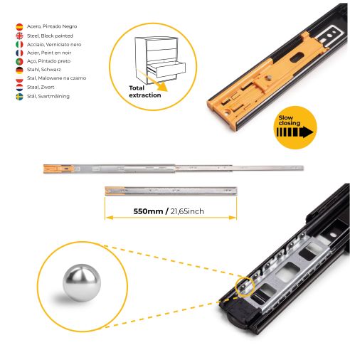 Emuca Lotto di 5 set guide per cassetti, a sfera, altezza 45 mm, profondità 550 mm, estrazione totale, chiusura soft, Nera