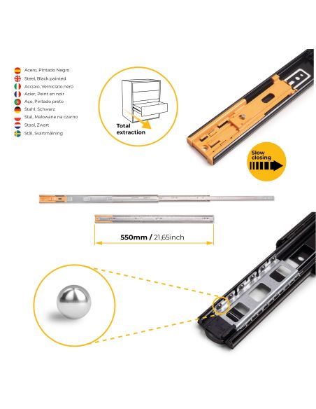 Emuca Lotto di 5 set guide per cassetti, a sfera, altezza 45 mm, profondità 550 mm, estrazione totale, chiusura soft, Nera