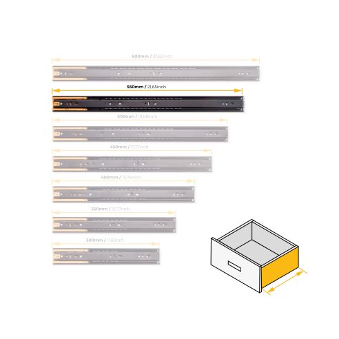 Emuca Lotto di 5 set guide per cassetti, a sfera, altezza 45 mm, profondità 550 mm, estrazione totale, chiusura soft, Nera