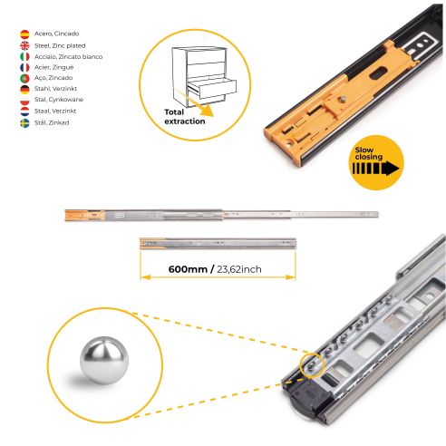 Emuca Kit guide per cassetti, a sfera, 45 x 600 mm, estrazione totale, chiusura soft, Zincato, 5 u.