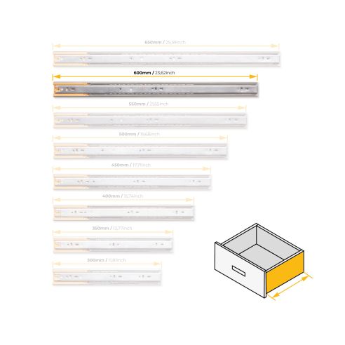 Emuca Kit guide per cassetti, a sfera, 45 x 600 mm, estrazione totale, chiusura soft, Zincato, 5 u.