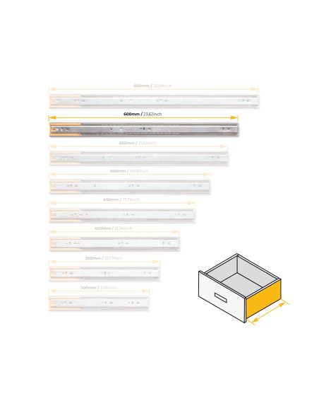Emuca Kit guide per cassetti, a sfera, 45 x 600 mm, estrazione totale, chiusura soft, Zincato, 5 u.